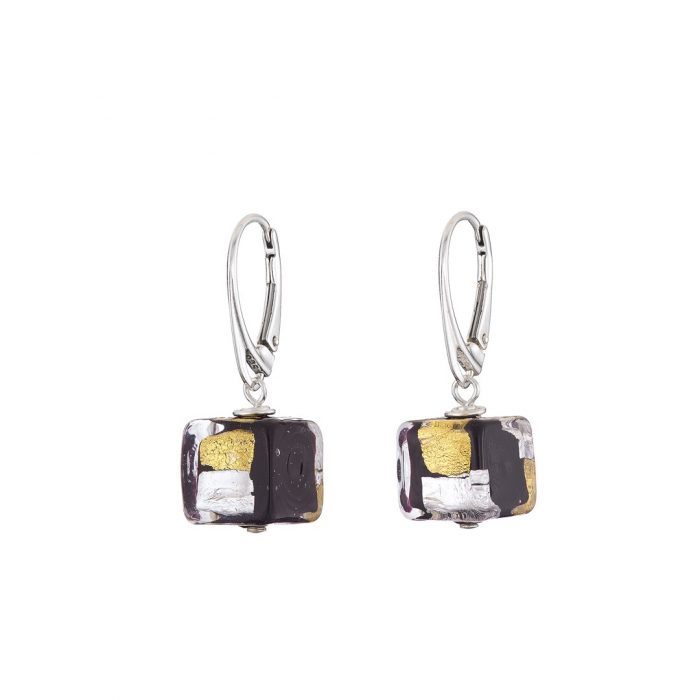 Gold & silver on black Murano glass cube earrings