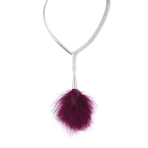 Contemporary designer necklace handmade with solid sterling silver, chainmail and a burgundy feather