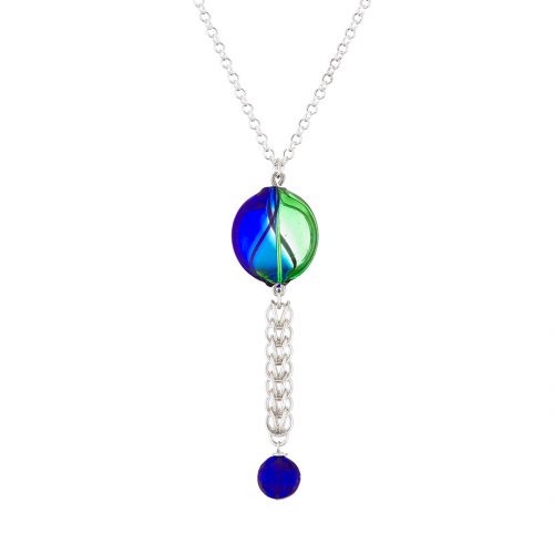 Handmade Sterling silver Persian chainmail and mouth blown blue and green Murano glass necklace