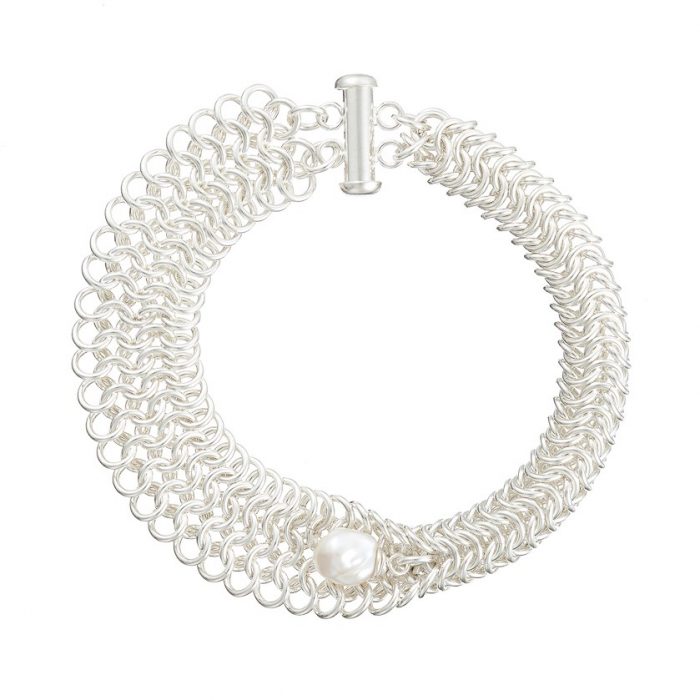 Handmade designer Sterling silver chainmail and pearl bracelet