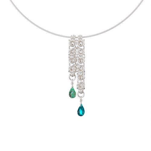 Handmade designer Sterling silver Byzantine chainmail and quartz briolette necklace