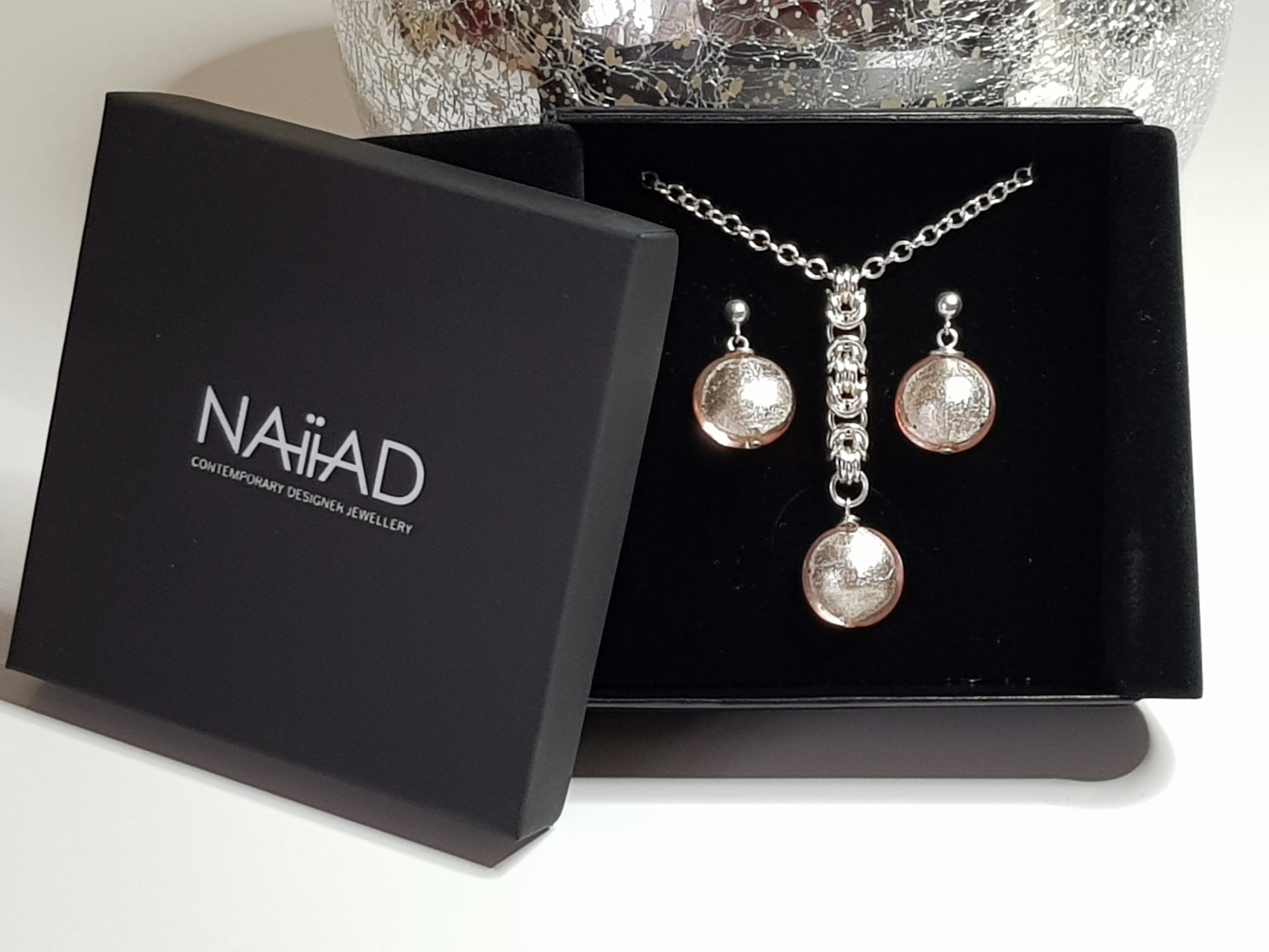 NAIIAD handmade Sterling silver Byzantine chainmail and pink Murano glass necklace and earrings gift set