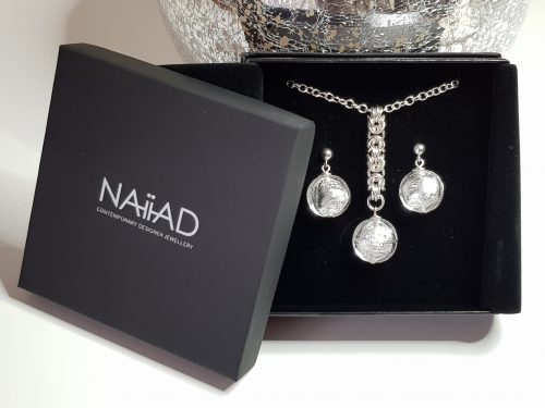 NAIIAD handmade Sterling silver Byzantine chainmail and silver foil Murano glass necklace and earrings gift set
