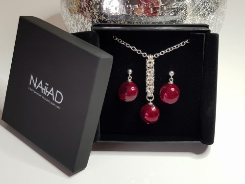 NAIIAD handmade Sterling silver Byzantine chainmail and red Murano glass necklace and earrings gift set