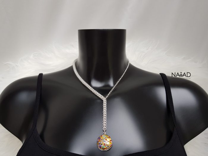 Handmade sterling silver Persian chainmaille and gold foil Murano glass asymmetrical necklace on bust
