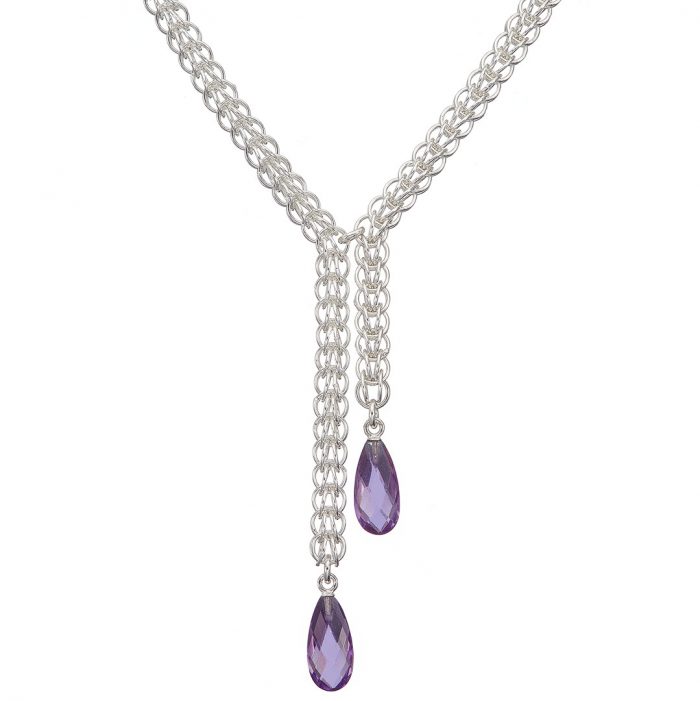 Handmade sterling silver Persian chainmail and amethyst drops necklace