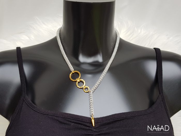 Handmade sterling silver delicate Persian chainmail & three gold vermeil rings necklace on bust