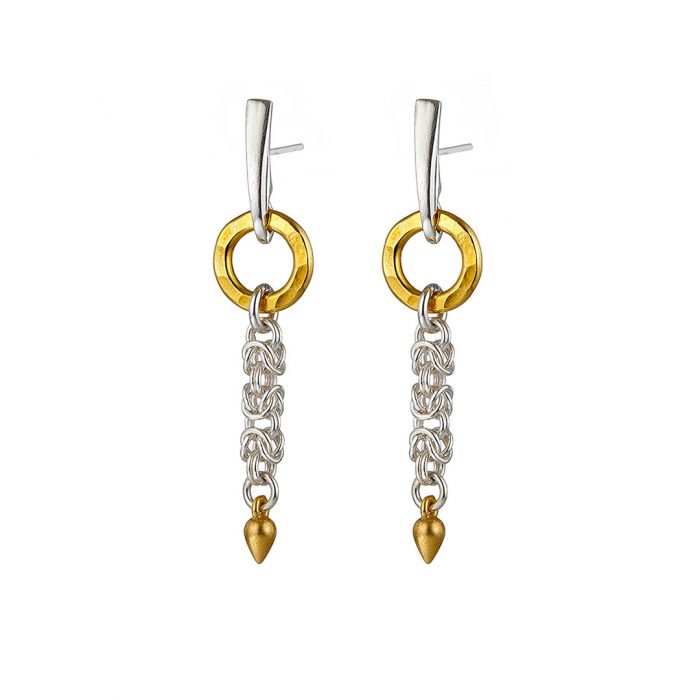 Handmade designer Sterling silver Byzantine chainmail and gold vermeil circle and drop earrings