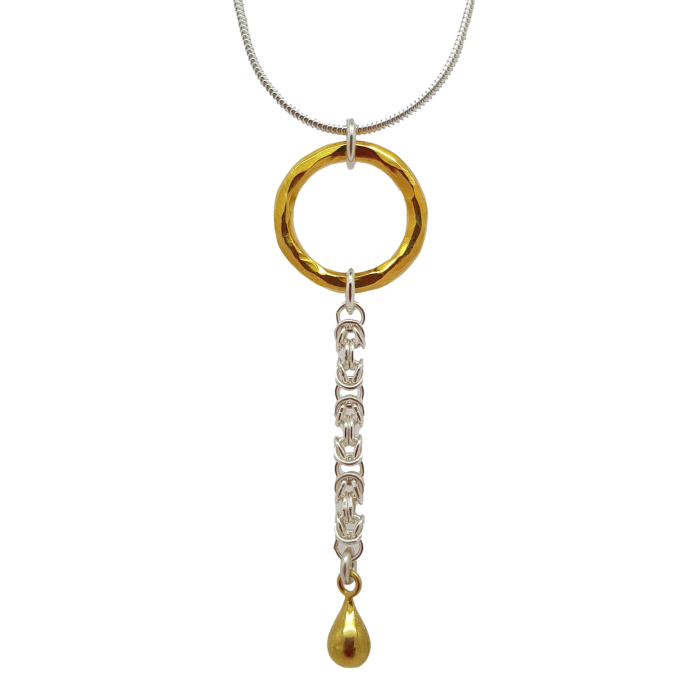 Handmade sterling silver delicate Byzantine chainmail & yellow gold vermeil ring necklace
