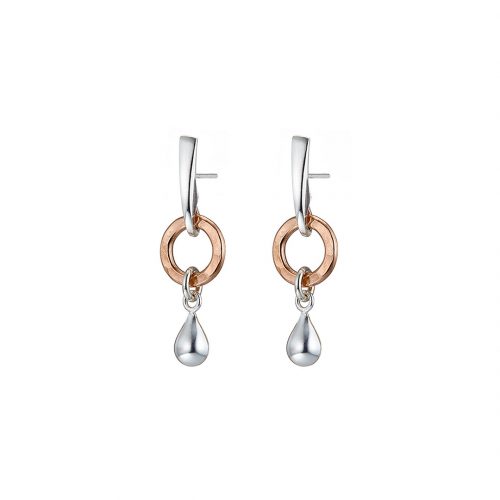Handmade designer sterling silver and rose gold vermeil circle and drop earrings