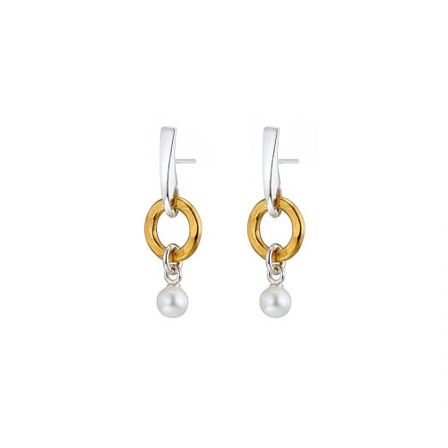 Handmade designer sterling silver and tiny gold vermeil circle and pearl earrings