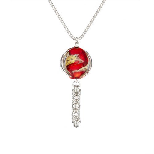 NAIIAD Flamenco - Sterling silver Byzantine chainmaille with red and gold Murano glass lentil necklace