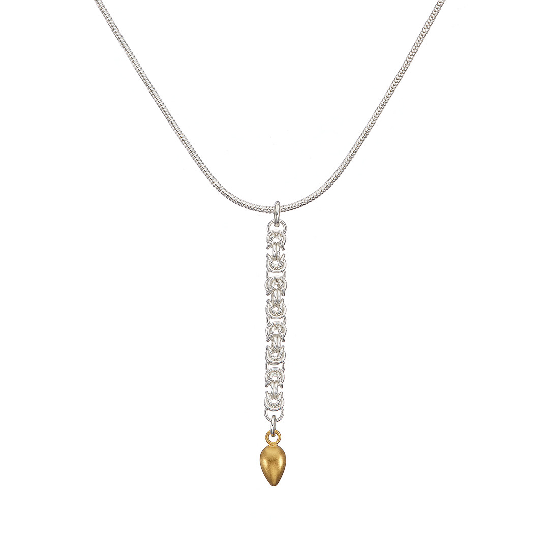 NAIIAD Precious Drop - sterling silver delicate Byzantine chainmail and yellow gold vermeil drop necklace