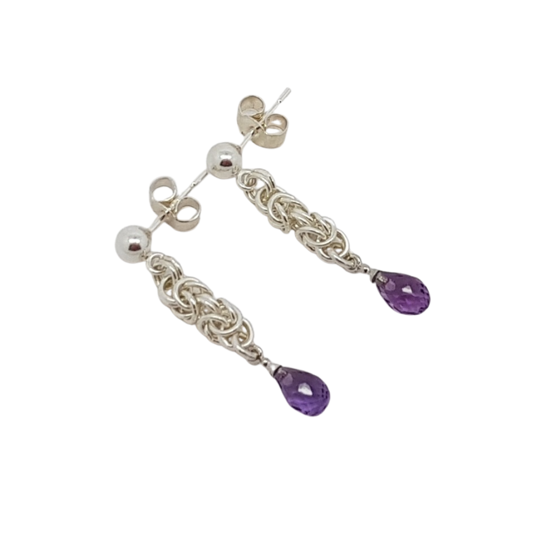 handmade delicate Sterling silver Byzantine chainmail small amethyst drop earrings