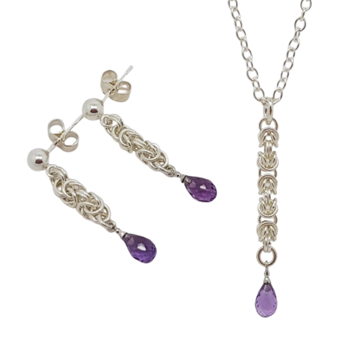 handmade delicate Sterling silver Byzantine chainmail small amethyst drop necklace and earrings