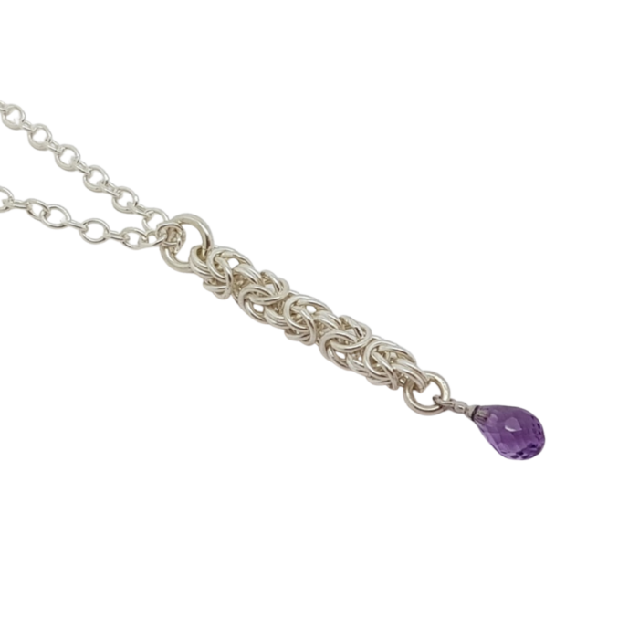 handmade delicate Sterling silver Byzantine chainmail small amethyst drop necklace side view