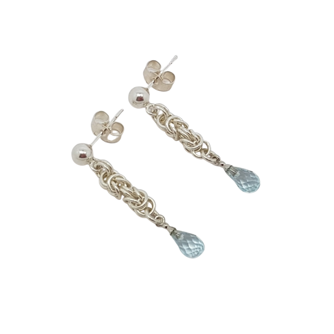 handmade delicate Sterling silver Byzantine chainmail small blue topaz drop earrings