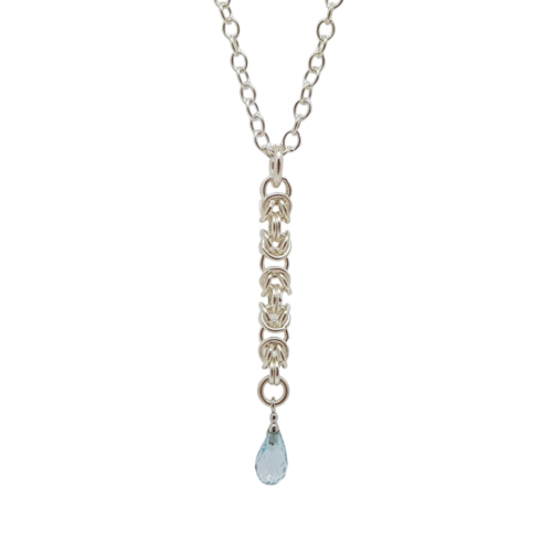 handmade delicate Sterling silver Byzantine chainmail small blue topaz drop necklace