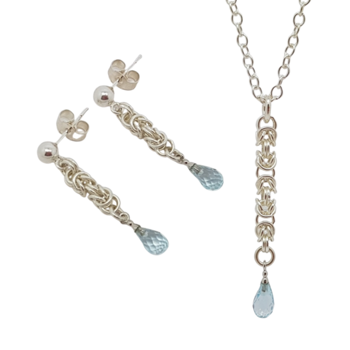 handmade delicate Sterling silver Byzantine chainmail small blue topaz drop necklace and earrings