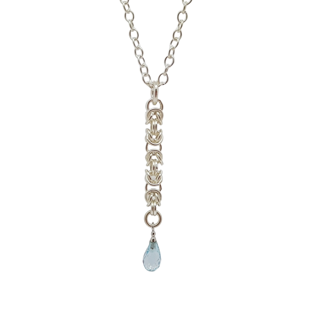handmade delicate Sterling silver Byzantine chainmail small blue topaz drop necklace