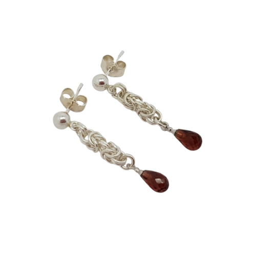 handmade delicate Sterling silver Byzantine chainmail small garnet drop earrings