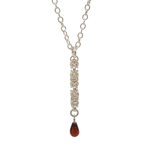 handmade delicate Sterling silver Byzantine chainmail small garnet drop necklace