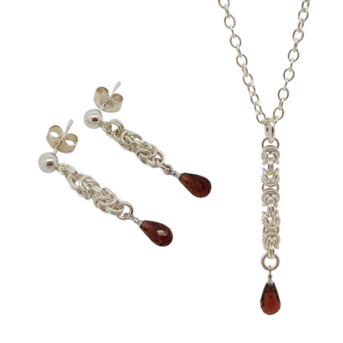 handmade delicate Sterling silver Byzantine chainmail small garnet drop necklace and earrings
