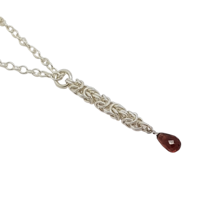 handmade delicate Sterling silver Byzantine chainmail small garnet drop necklace side view