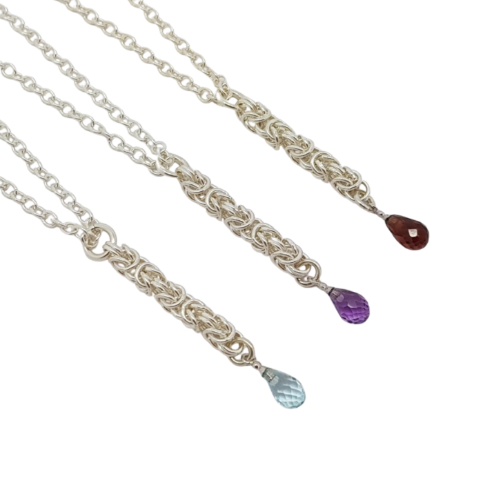handmade delicate Sterling silver Byzantine chainmail small gemstone drop necklace