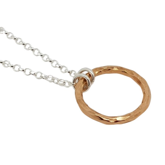 Circle of Life large rose gold plated hammered ring necklace side view for fundraising