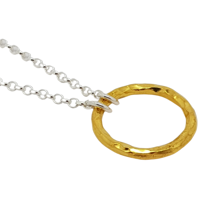 Circle of Life large yellow gold plated hammered ring necklace side view