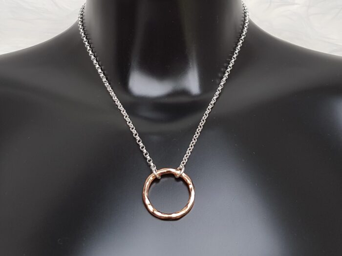 Circle of Life large rose gold plated hammered ring necklace on bust close view - for fundraising