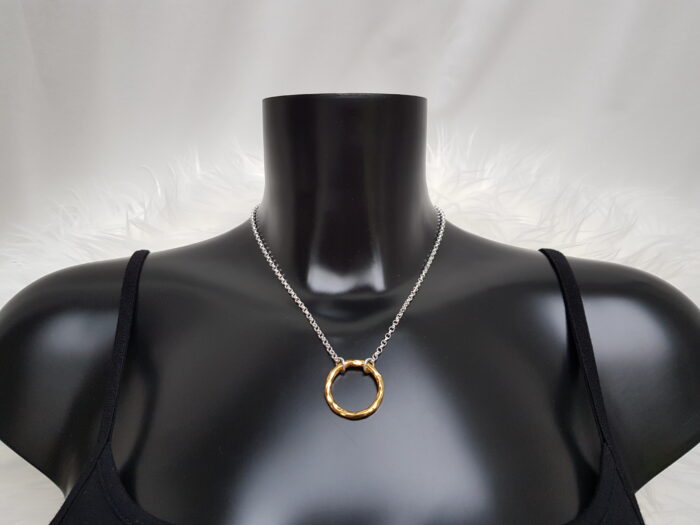 Circle of Life large yellow gold plated hammered ring necklace on bust