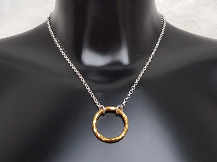 Circle of Life large yellow gold plated hammered ring necklace on bust close view
