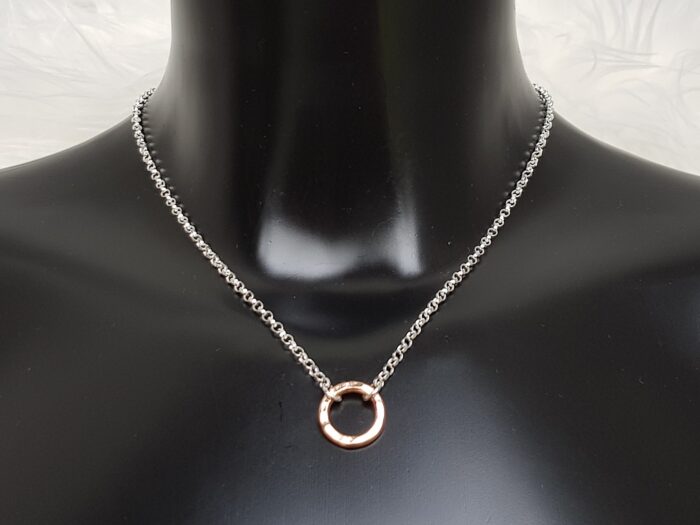 Circle of Life small rose gold plated hammered ring necklace for fundraising - on bust close view
