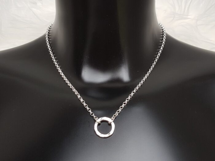 Circle of Life small sterling silver hammered ring necklace for fundraising - on bust close view