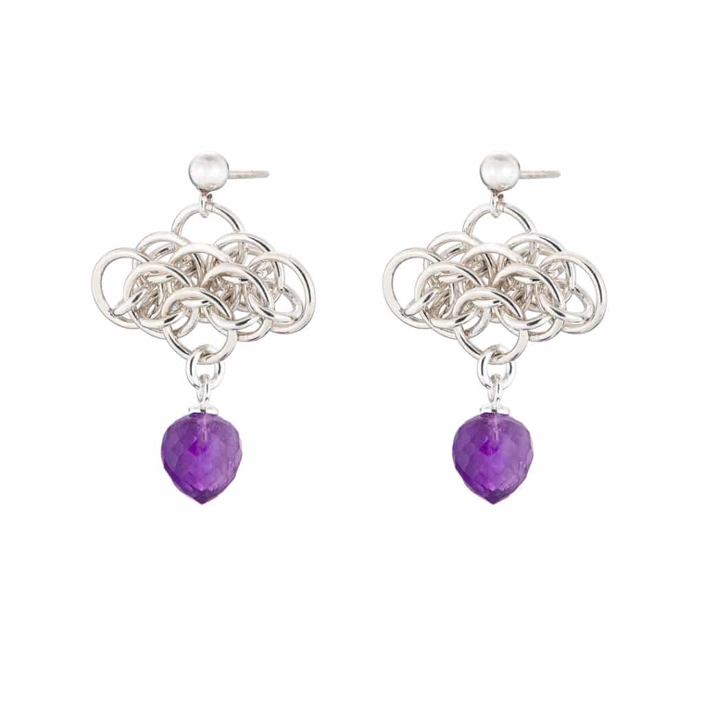 Handmade sterling silver chainmail and amethyst earrings